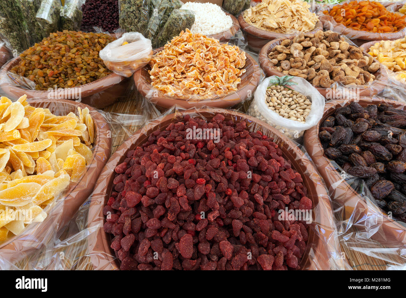 Dried and candied fruits at a market stall in Cannobio, Lago Maggiore, Verbano-Cusio-Ossola province, Piedmont region, Italy Stock Photo