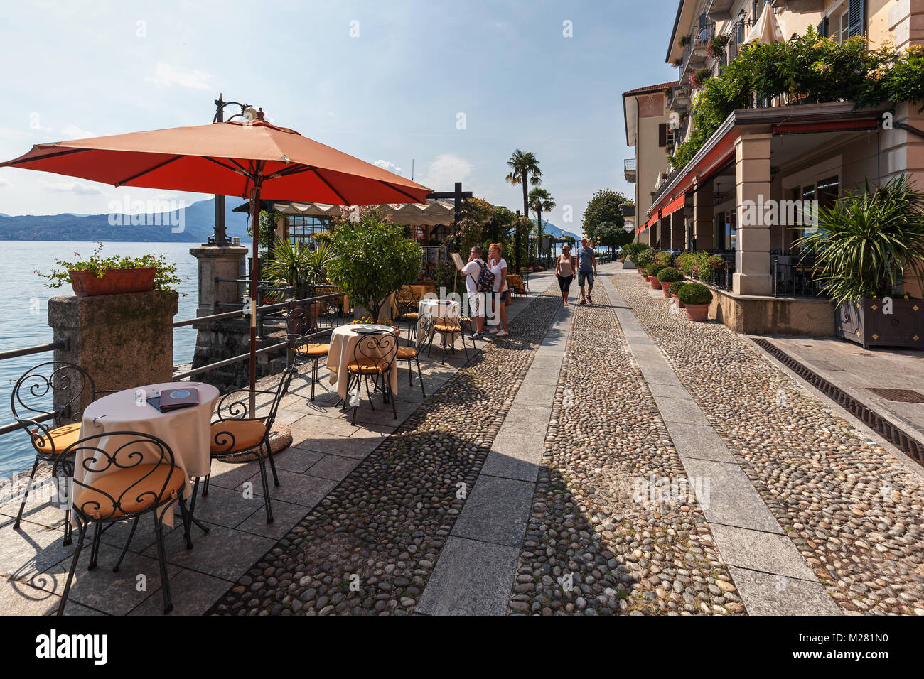 Waterfront with restaurants, Cannero Riviera, Lago Maggiore, Verbano-Cusio-Ossola Province, Piedmont Region, Italy Stock Photo
