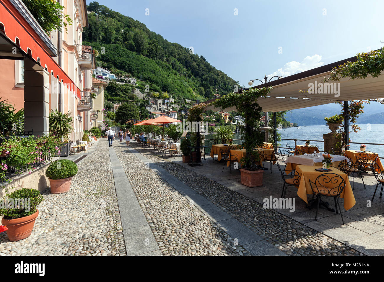 Waterfront with restaurants, Cannero Riviera, Lago Maggiore, Verbano-Cusio-Ossola Province, Piedmont Region, Italy Stock Photo