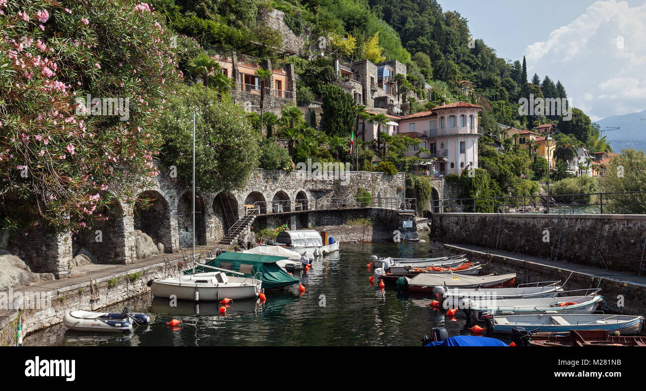Small marina in Cannero Riviera, Lago Maggiore, Verbano-Cusio-Ossola Province, Piedmont Region, Italy Stock Photo