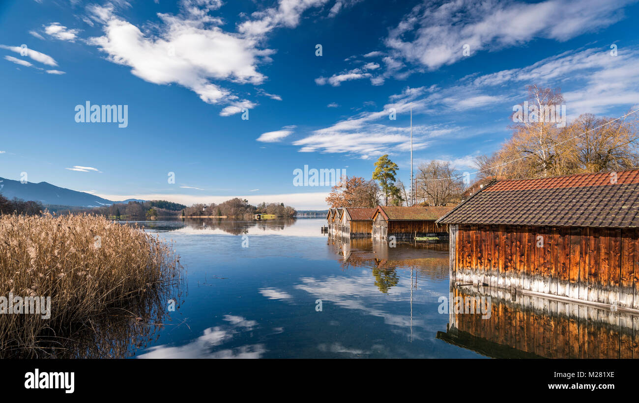 Boathouses at Staffelsee, Seehausen, Upper Bavaria, Bavaria, Germany Stock Photo