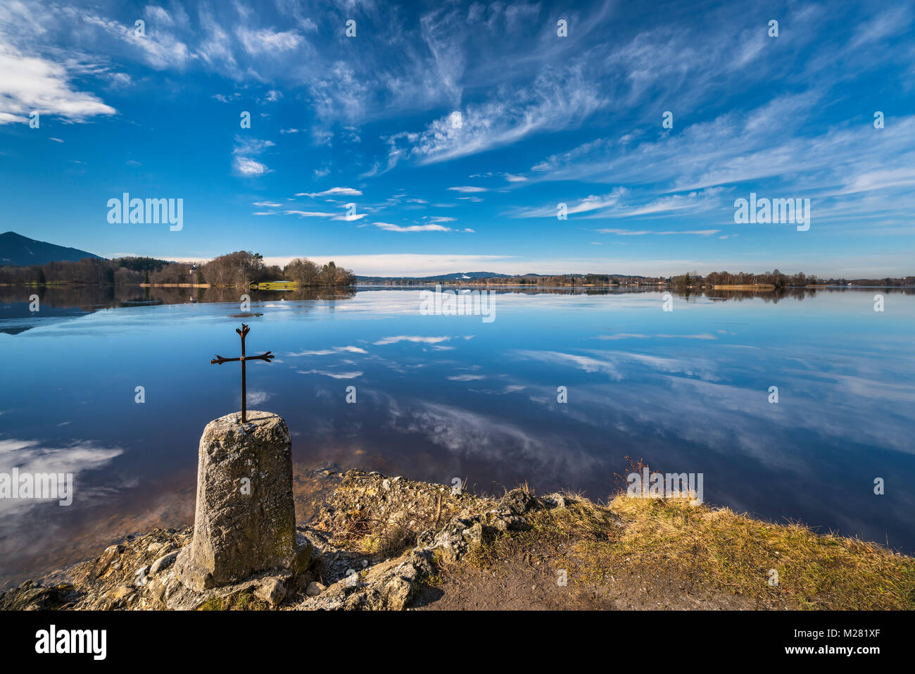 Memorial stone with cross at Staffelsee, Seehausen, Upper Bavaria, Bavaria, Germany Stock Photo