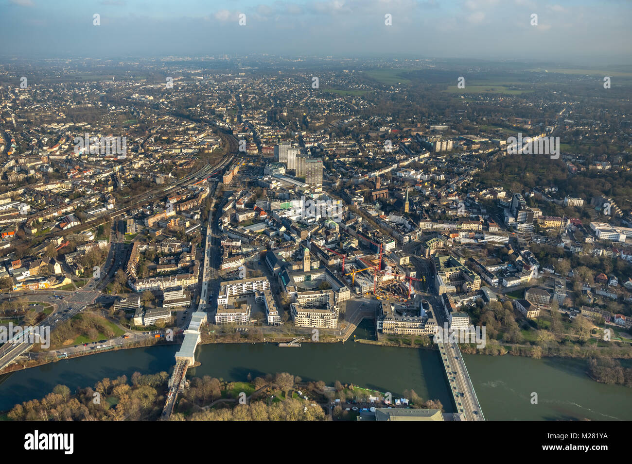 View of city centre with river Ruhr, Mülheim an der Ruhr, Ruhr area, North Rhine-Westphalia, Germany Stock Photo