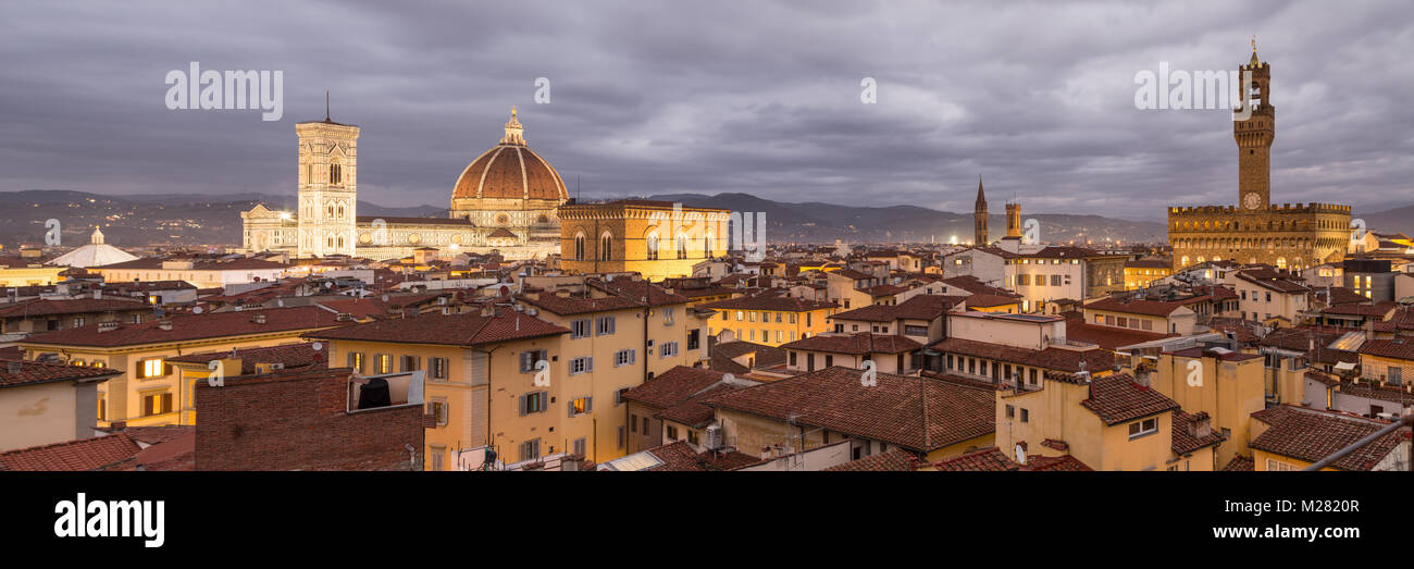 View over Florence with Cathedral Duomo Santa Maria del Fiore, Church of Orsanmichele and Palazzo Vecchio at dusk, Florence Stock Photo