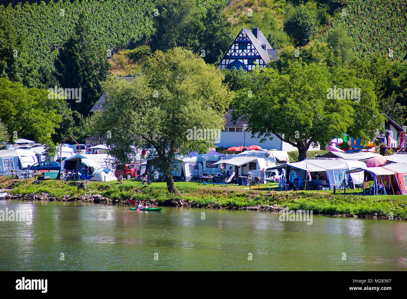 Camp site at the riverside of Wolf, Traben-Trarbach, Moselle river, Rhineland-Palatinate, Germany, Europe Stock Photo