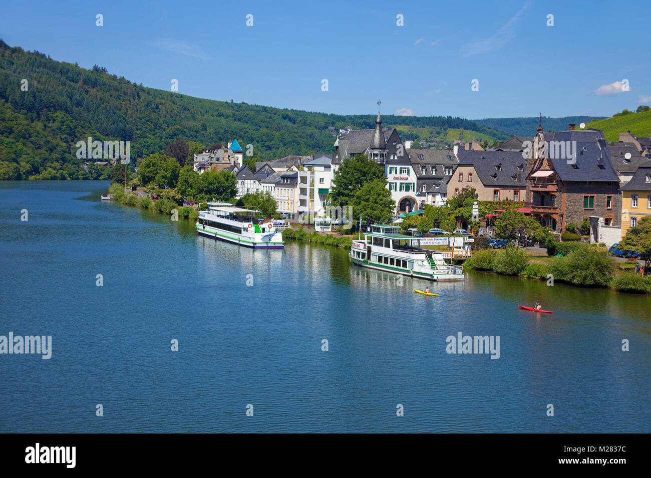 Excursion ships at gangway, riverside at Traben-Trarbach, Moselle river, Rhineland-Palatinate, Germany, Europe Stock Photo