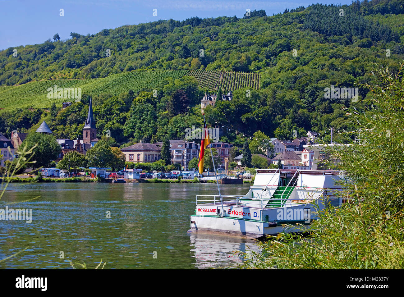 Excursion ship at the riverside, Traben-Trarbach, Moselle river, Rhineland-Palatinate, Germany, Europe Stock Photo