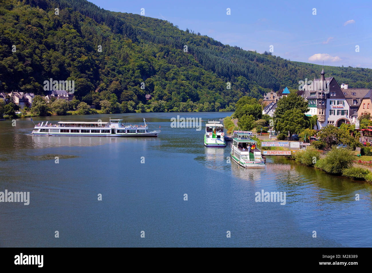 Excursion ship turn around at Traben-Trarbach, Moselle river, Rhineland-Palatinate, Germany, Europe Stock Photo