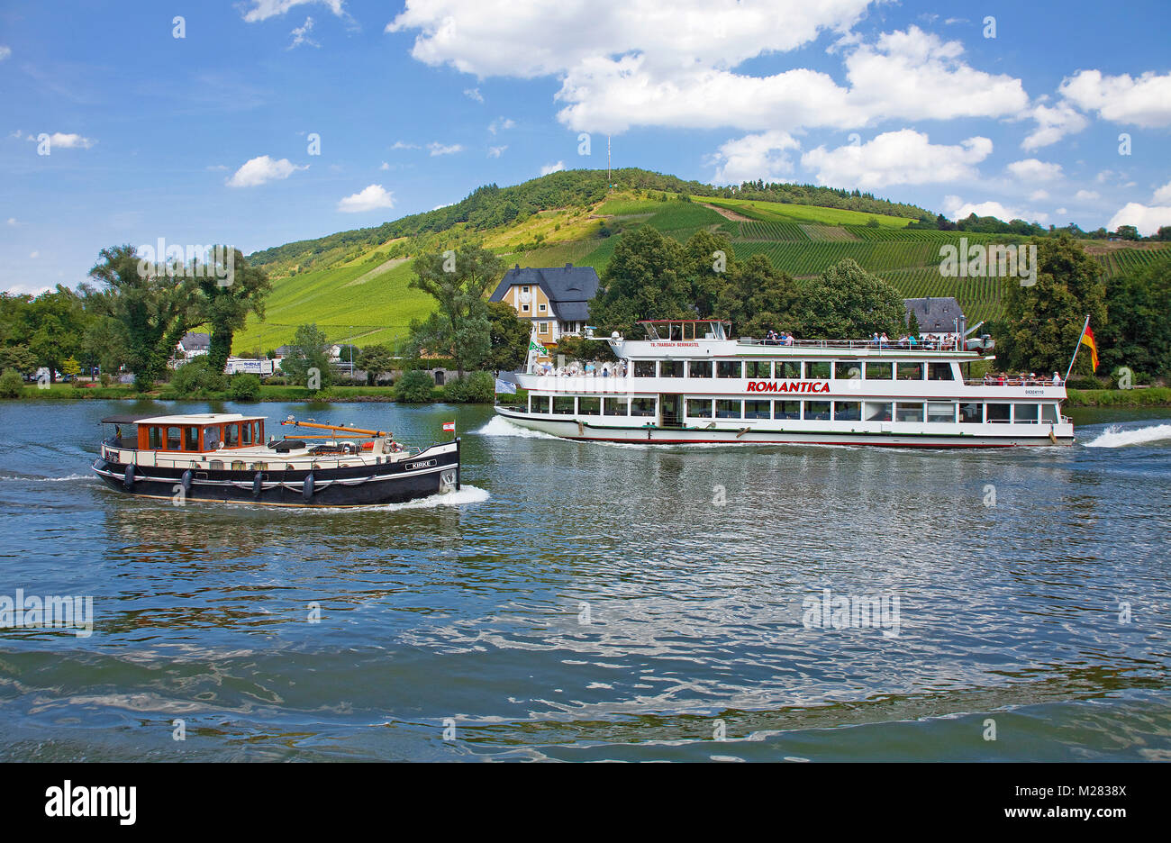 Excursion ship at Traben-Trarbach, Moselle river, Rhineland-Palatinate, Germany, Europe Stock Photo