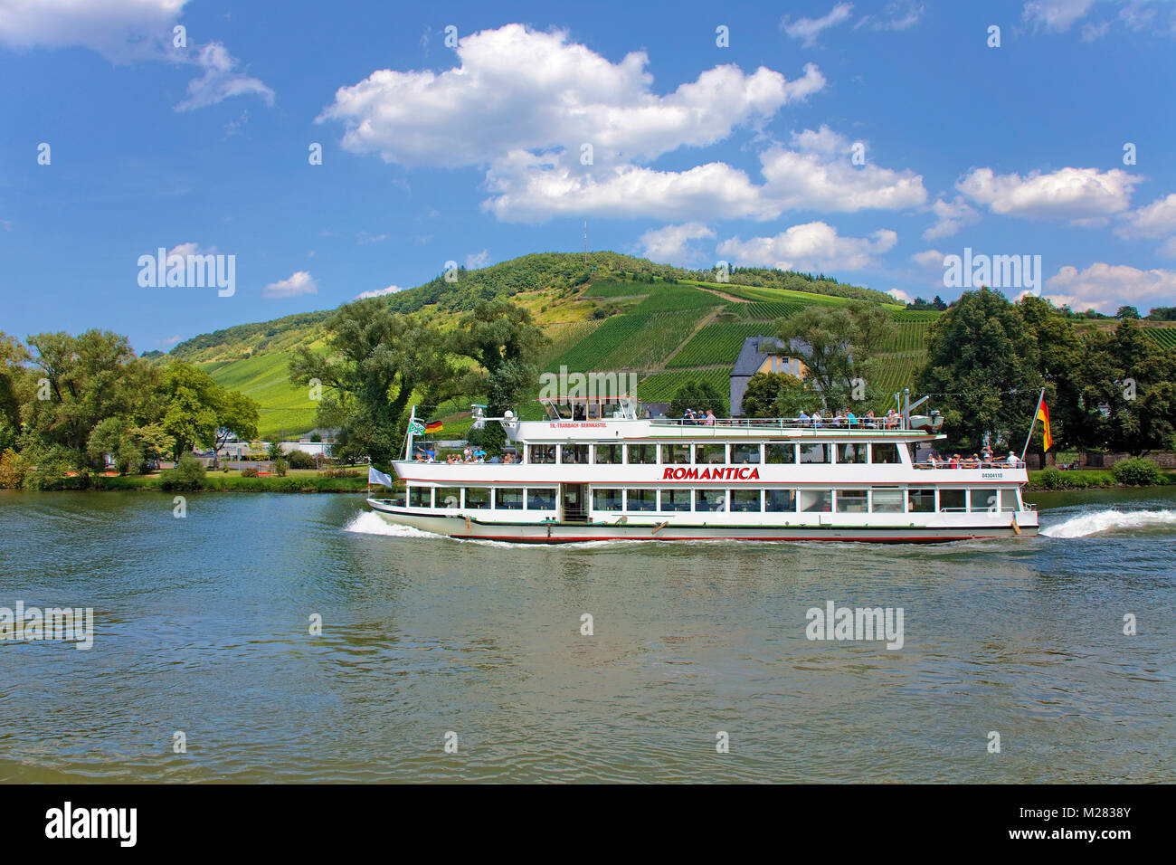 Excursion ship at Traben-Trarbach, Moselle river, Rhineland-Palatinate, Germany, Europe Stock Photo