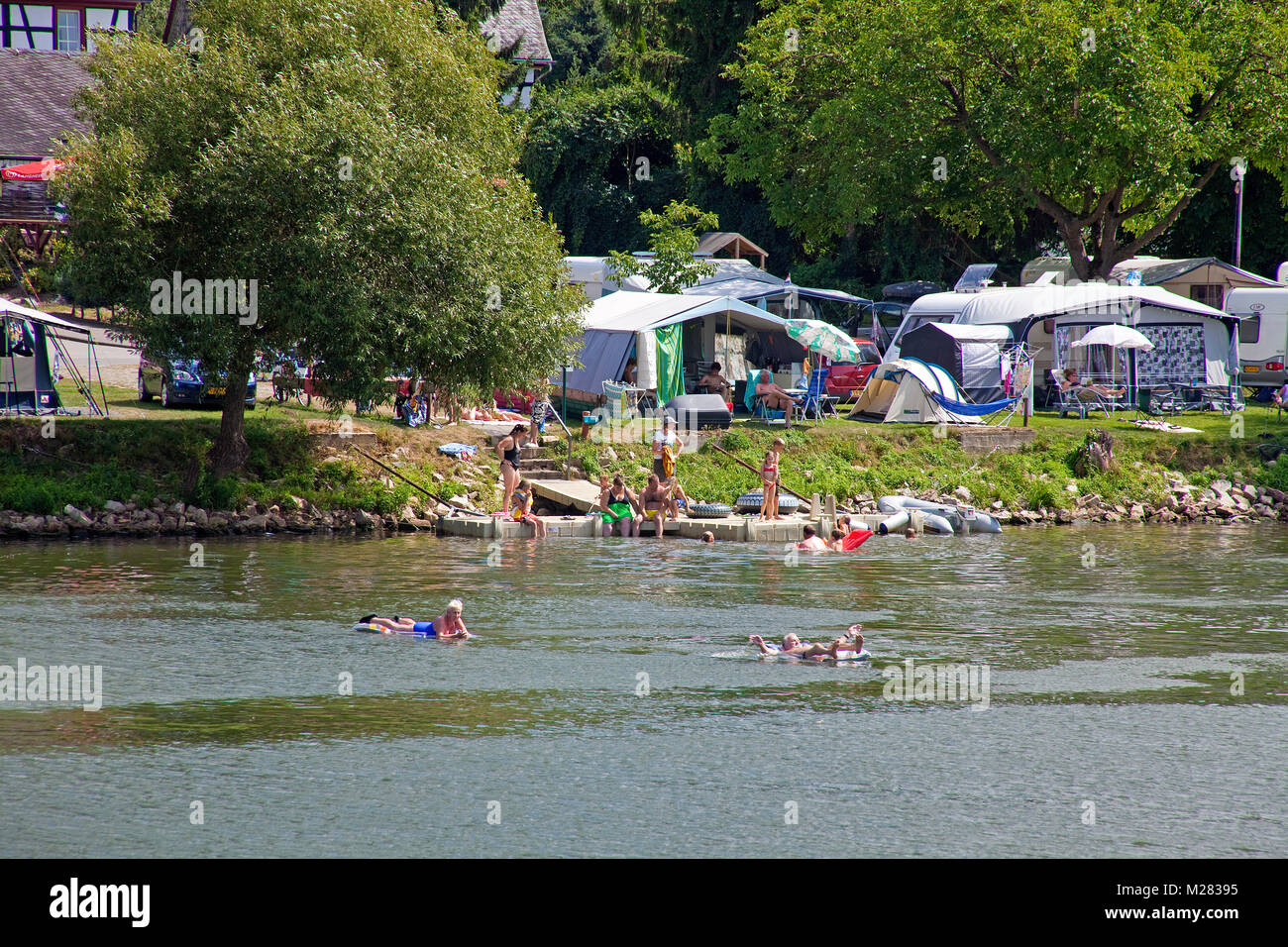 Camping ground at riverside, bathing in Moseller river, Wolf, Traben-Trarbach, Moselle river, Rhineland-Palatinate, Germany, Europe Stock Photo