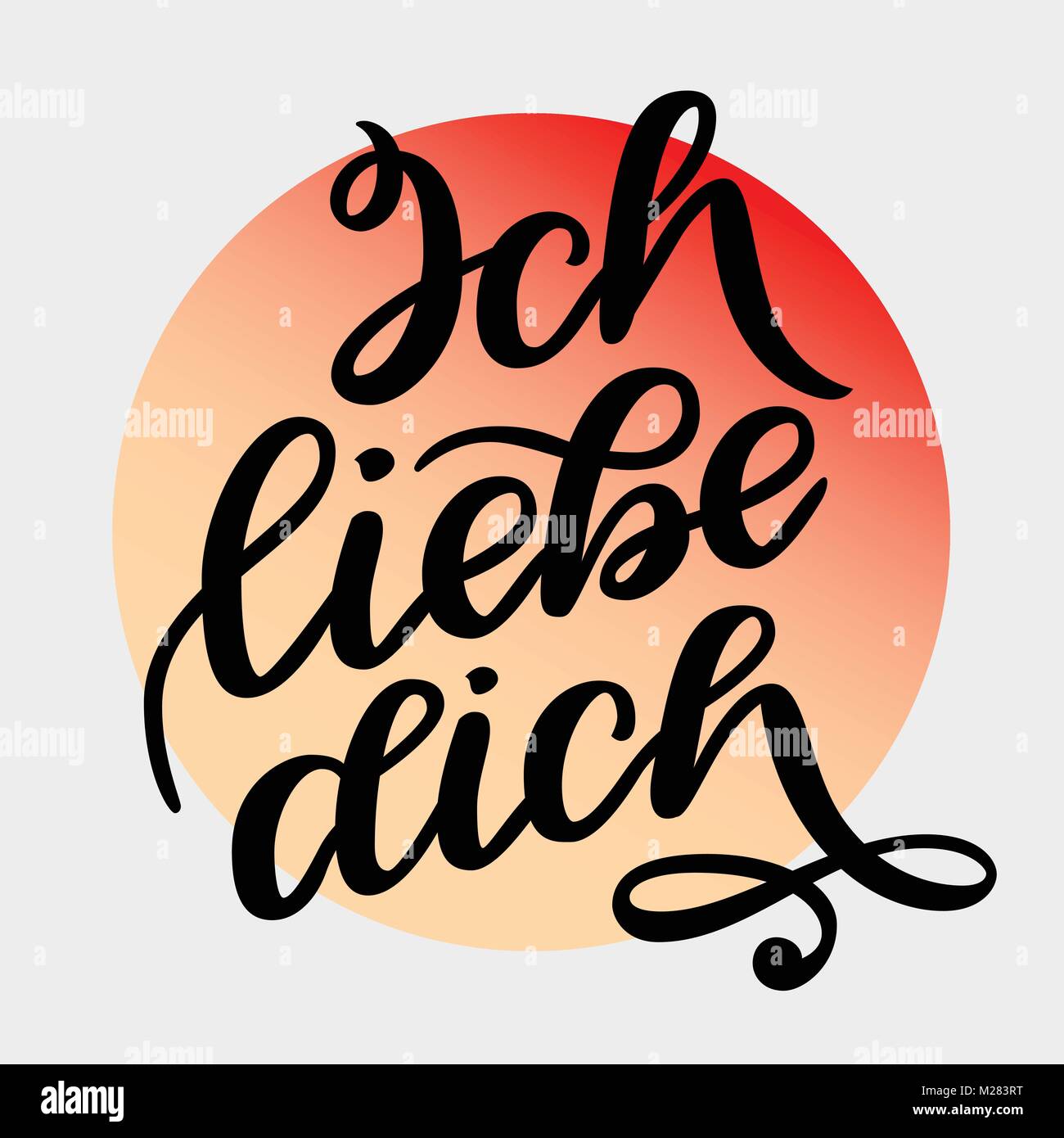 Handwritten text in German Ich liebe dich. Love you postcard. Phrase for Valentines day. Ink illustration. Modern brush calligraphy. Isolated on grey background with gradient circle Stock Vector