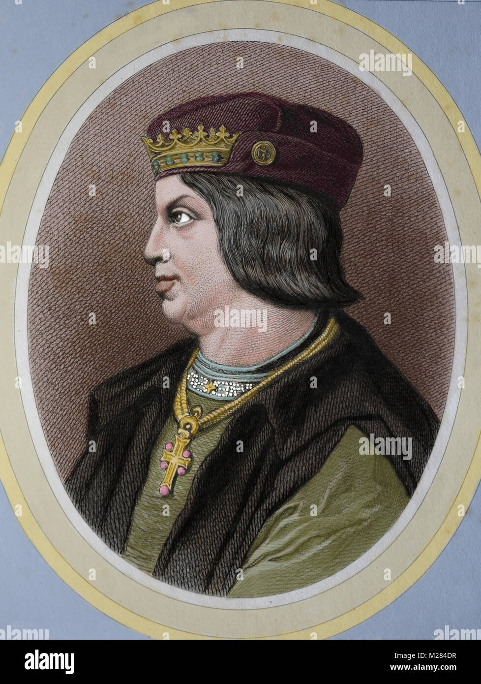 King Ferdinand II of Aragon (1452-1516). The Catholic. Portrait. Engraving, 1879. Stock Photo