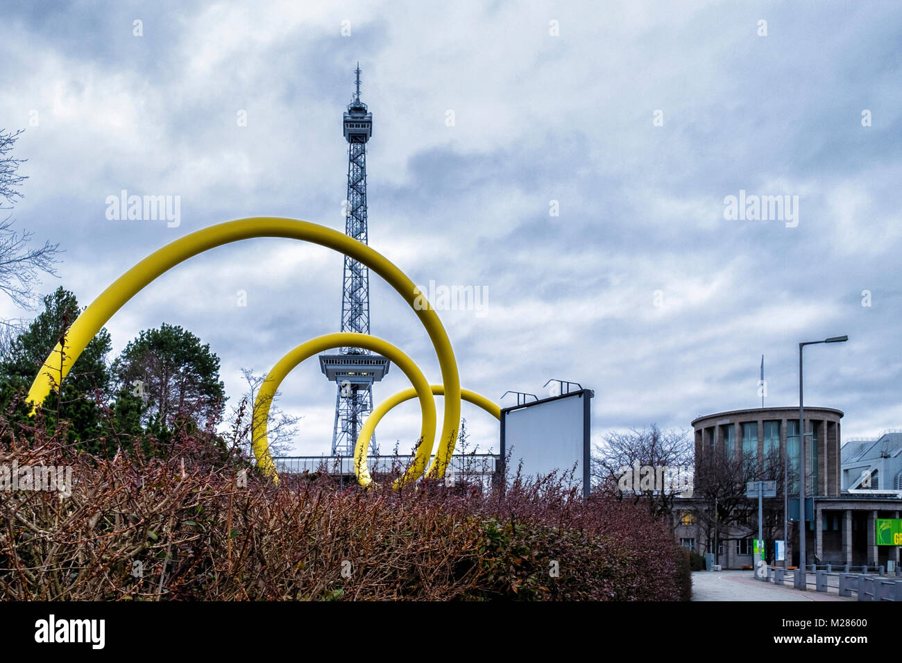 Berlin Funkturm Radio Tower. Former broadcasting tower with steel framework Looping 1992 by Ursula Sax and Rotunda 16 Stock Photo