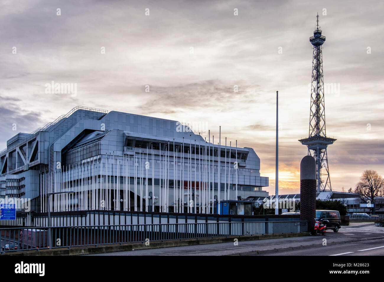 Berlin-Westend.The Internationales Congress Centrum ICC.Modern high tech contemporary building and the Funkturm radio tower.                           Stock Photo