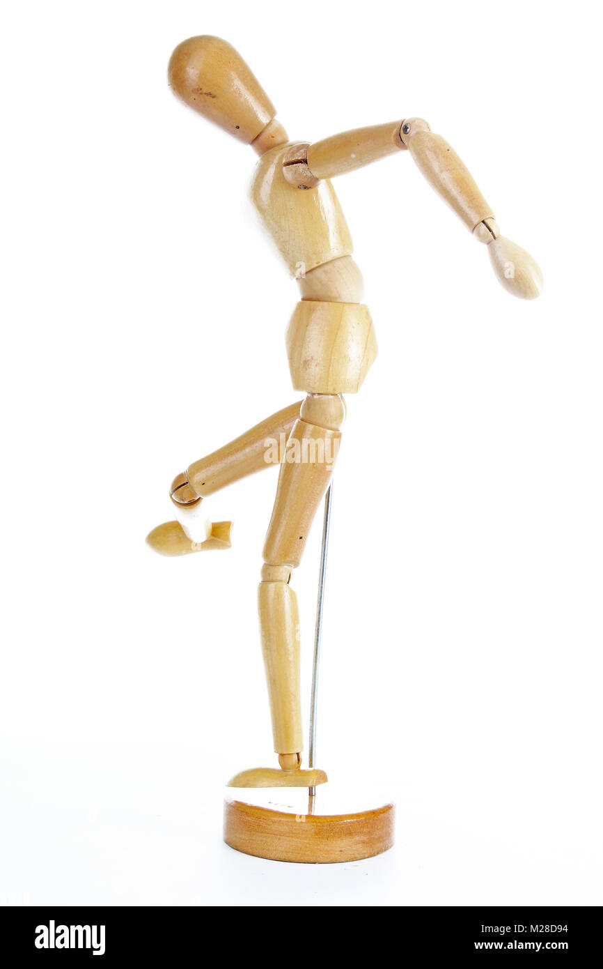 Wooden mannequin drawing model human shape. Doll body figurine statue pose posing to illustrate