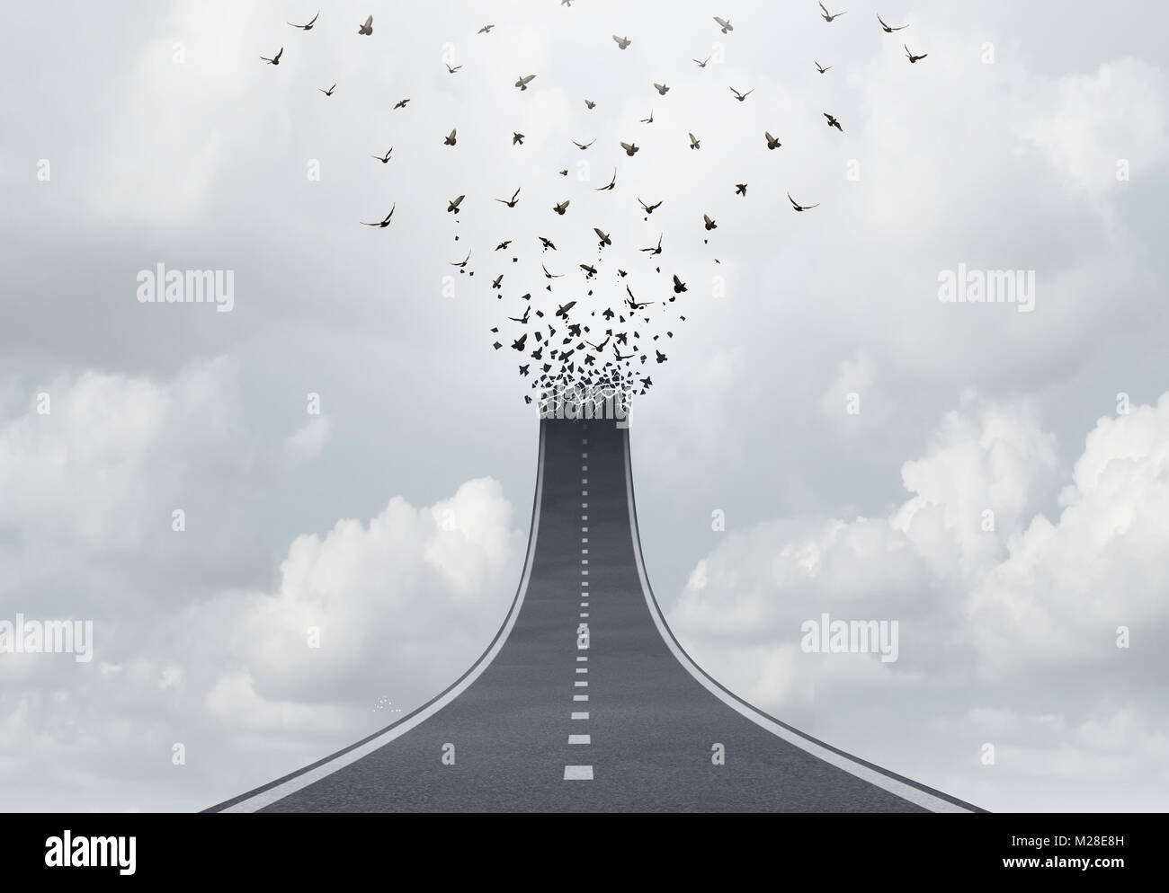 Spiritual journey as a highway to heaven faith concept or spirituality salvation freedom symbol as a road transforming into flying birds. Stock Photo