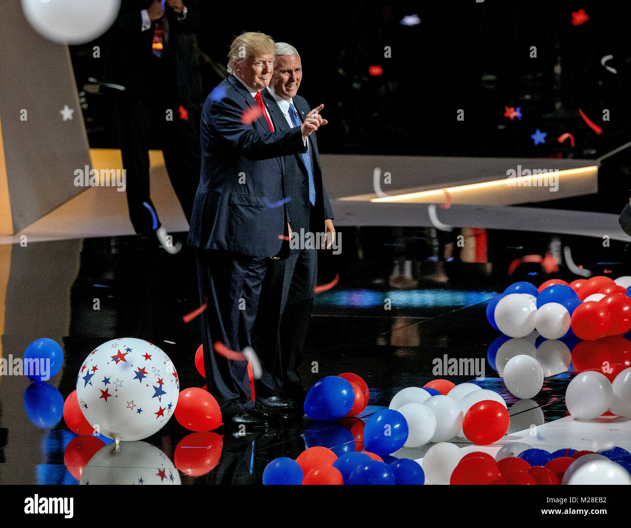 Cleveland, Ohio, USA, 21st, July, 2016 Republican candidates Donald Trump and  Mike Pence celebrate at the conclusion of the convention on stage at the Quicken Loans Arena, Stock Photo