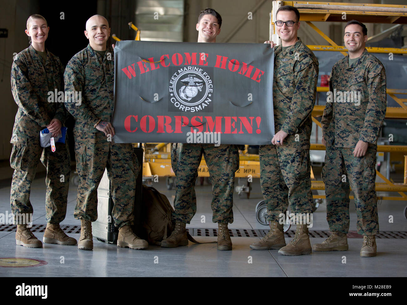 U.S. Sailor Petty Officer 3rd Class Travis McGee, a hospital corpsman with Marine Attack Squadron (VMA) 214, 3rd Marine Aircraft Wing, poses for a Stock Photo