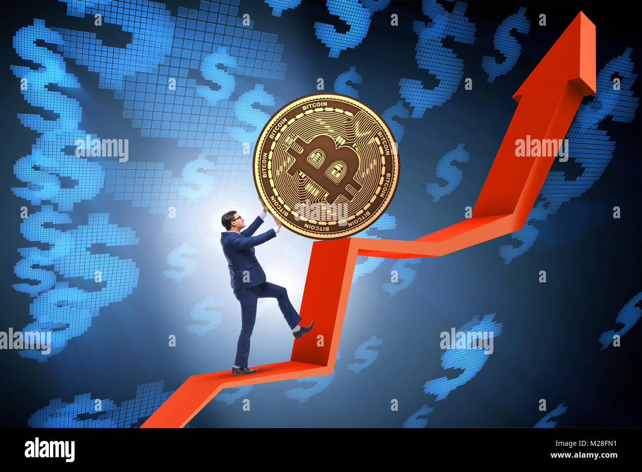 Businessman pushing bitcoin in cryptocurrency blockchain concept Stock ...