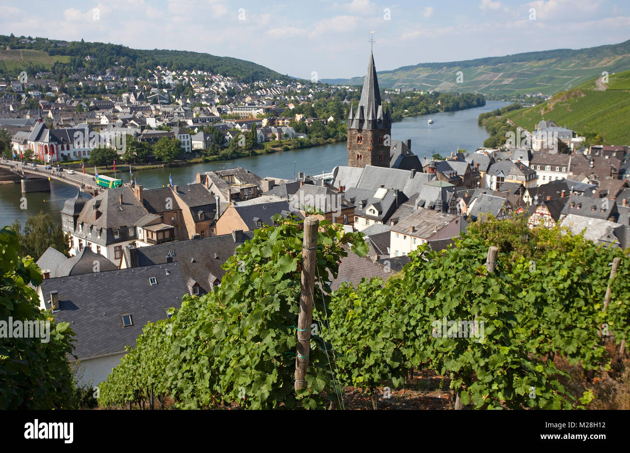 View from vineyard on wine village Bernkastel-Kues and Moselle river, Rhineland-Palatinate, Germany, Europe Stock Photo