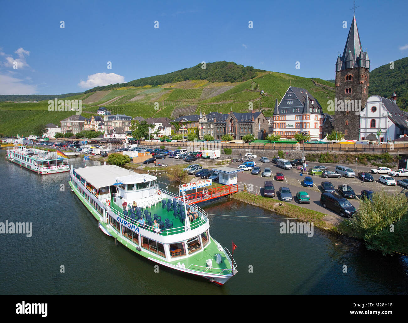 Excursion ship at the riverside of wine village Bernkastel-Kues, Moselle river, Rhineland-Palatinate, Germany, Europe Stock Photo