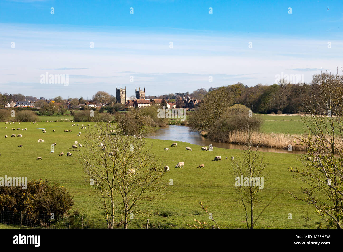 Wimborne Minster Dorset England April 13, 2016 View of Wimborne Minster and the river Stour. Stock Photo