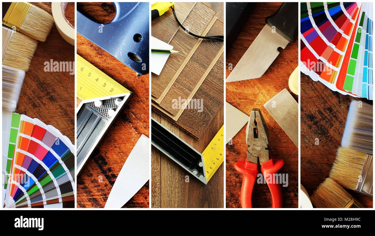 Collage Making Tools Collage of construction tools. House renovation background Stock Photo ...