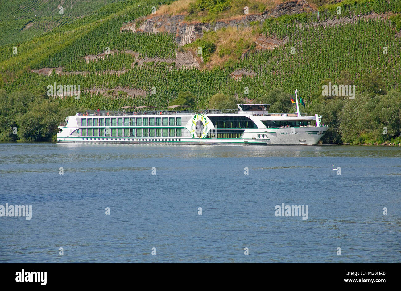 River cruise ship at Bernkastel-Kues, Moselle river, Rhineland-Palatinate, Germany, Europe Stock Photo