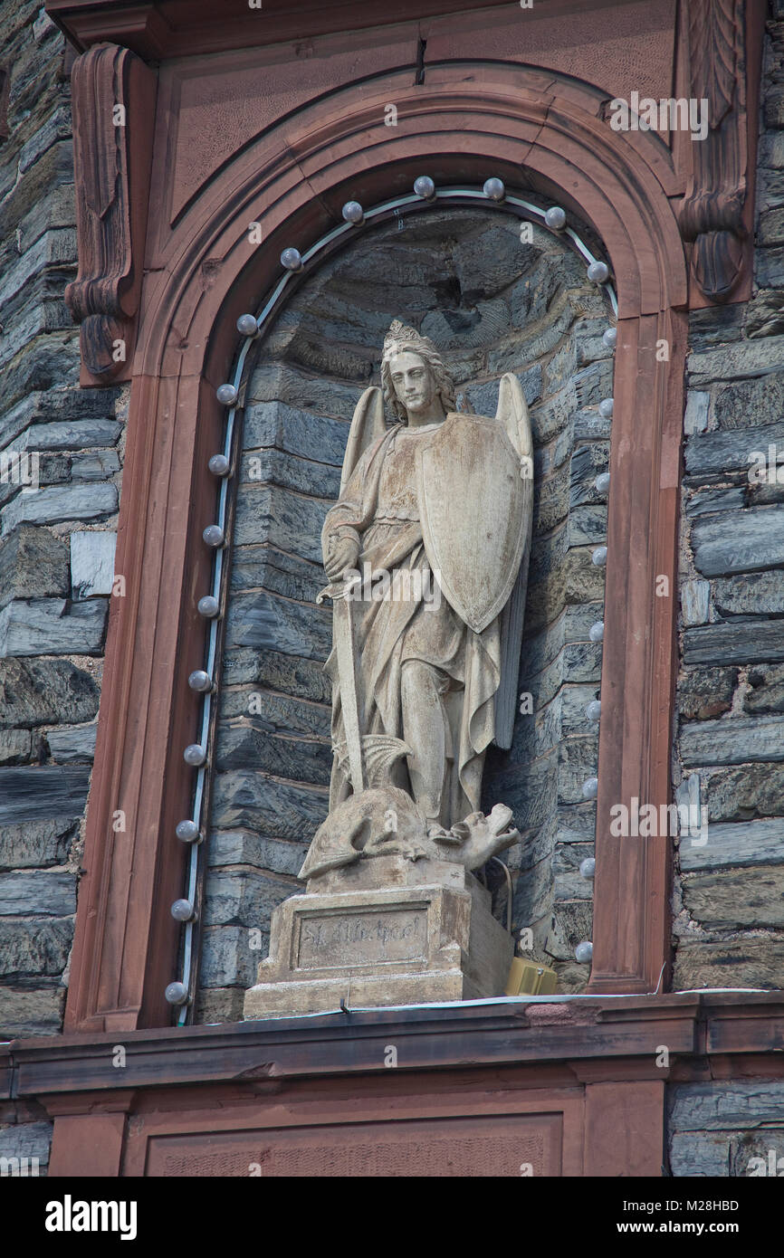 St. Michael sculpture, patron saint of wine village Bernkastel-Kues, Moselle, Mosel river, Rhineland-Palatinate, Germany, Europe Stock Photo