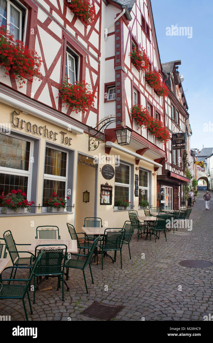 Outside gastronomy at half-timbered houses, historic old town of Bernkastel-Kues, Moselle river, Rhineland-Palatinate, Germany, Europe Stock Photo