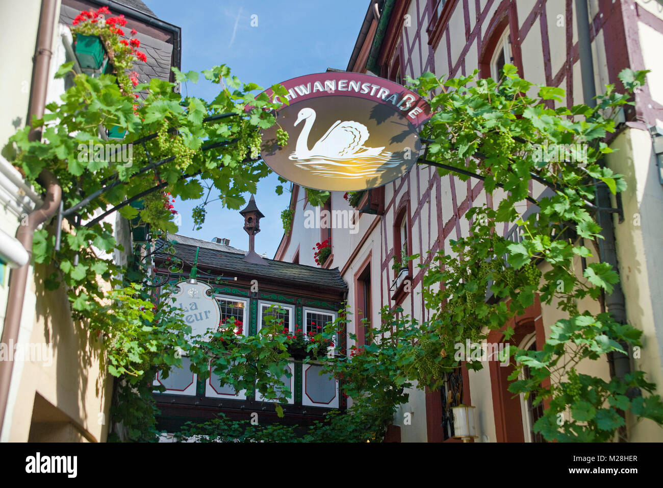 Swan street, alley at historic center, old town of wine village Bernkastel-Kues, Moselle river, Rhineland-Palatinate, Germany, Europe Stock Photo