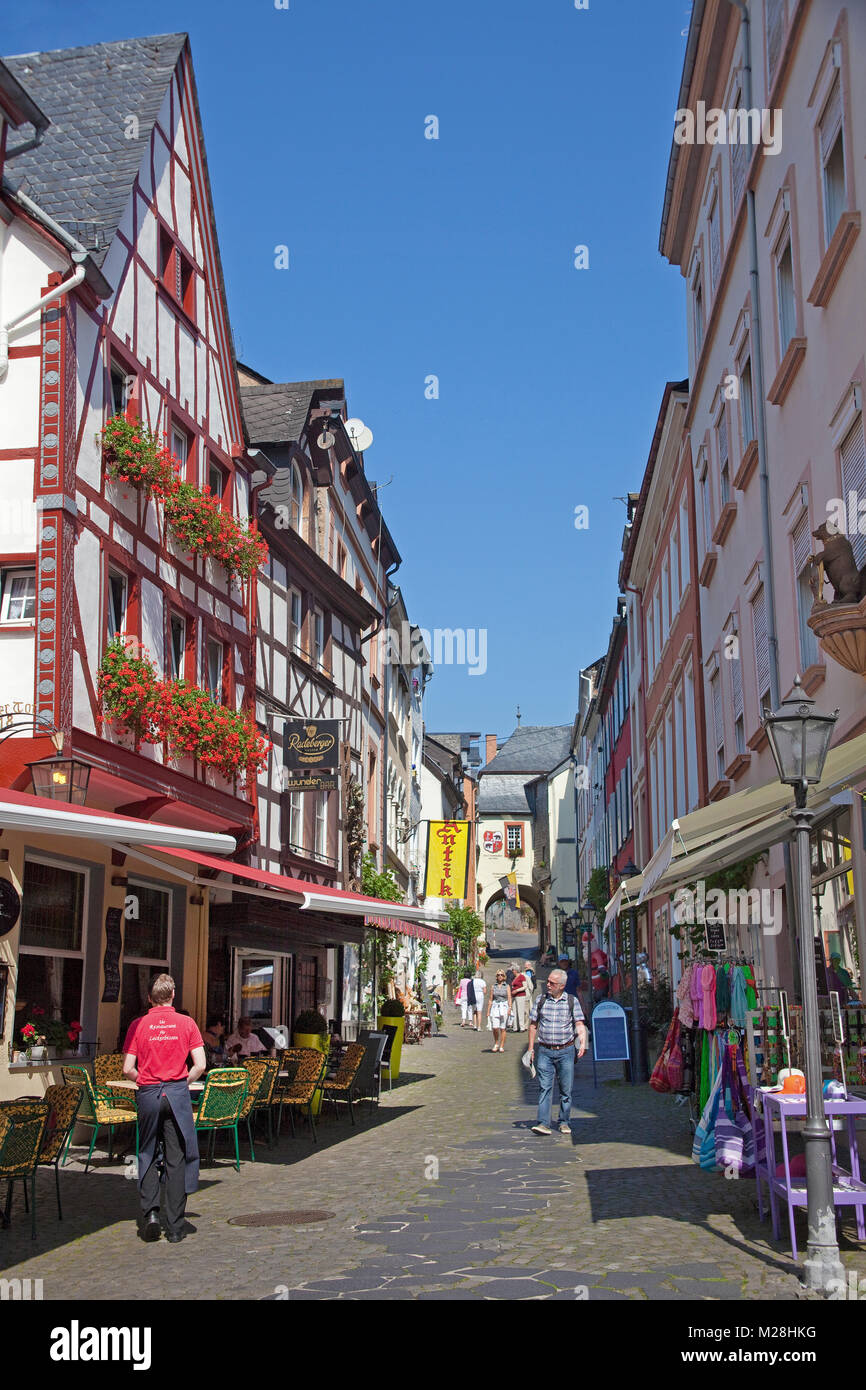 Gastronomy and shops at Graacher street, old town of Bernkastel-Kues, Moselle river, Rhineland-Palatinate, Germany, Europe Stock Photo