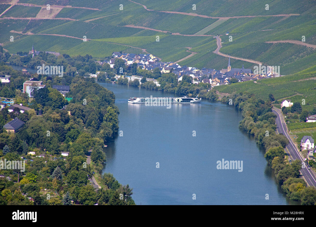Swiss river cruise ship turns on Moselle river, Bernkastel-Kues, Moselle, Mosel river, Rhineland-Palatinate, Germany, Europe Stock Photo