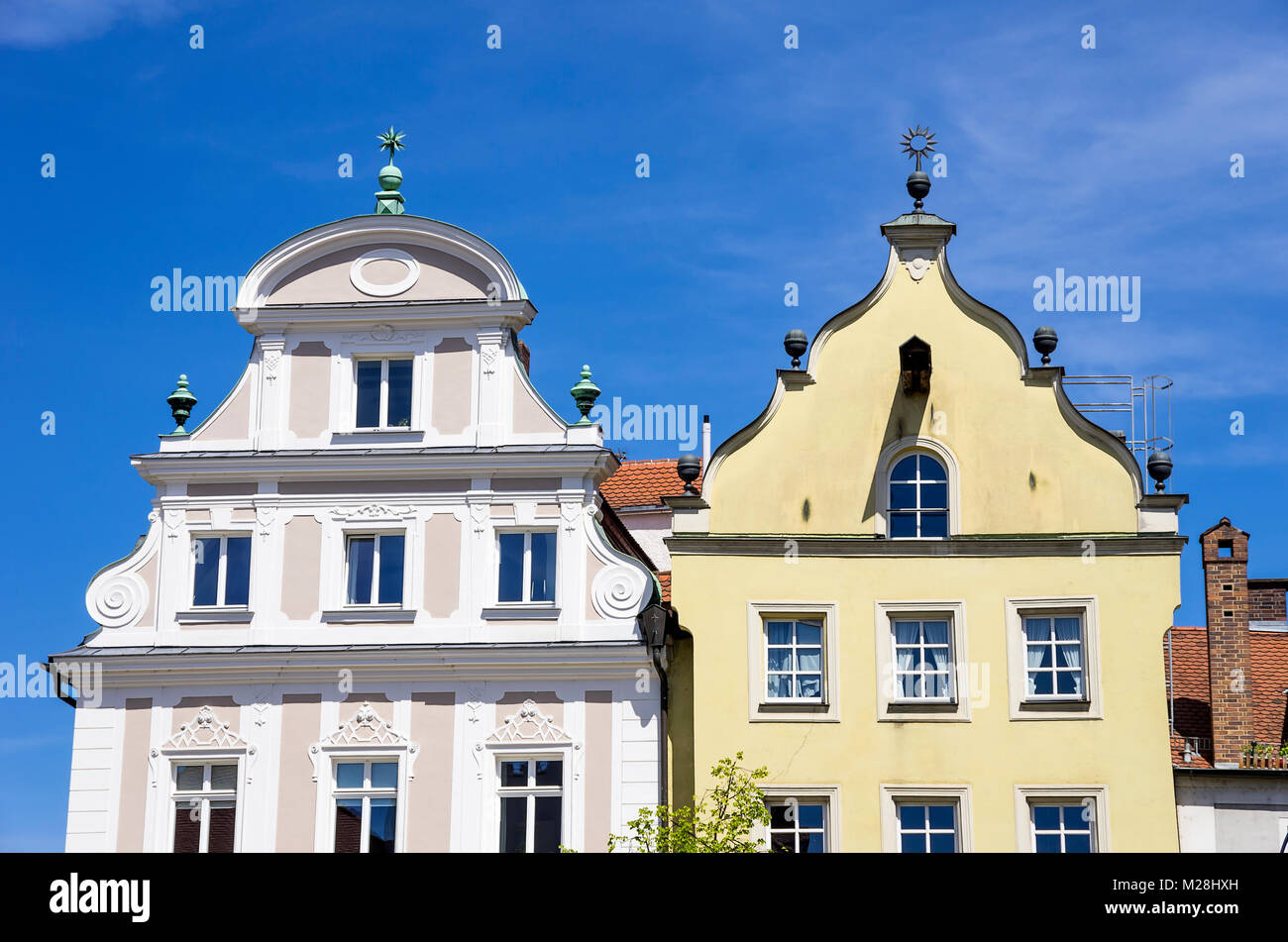 Facades and gables of historic architecture in Regensburg, Bavaria, Germany. Stock Photo