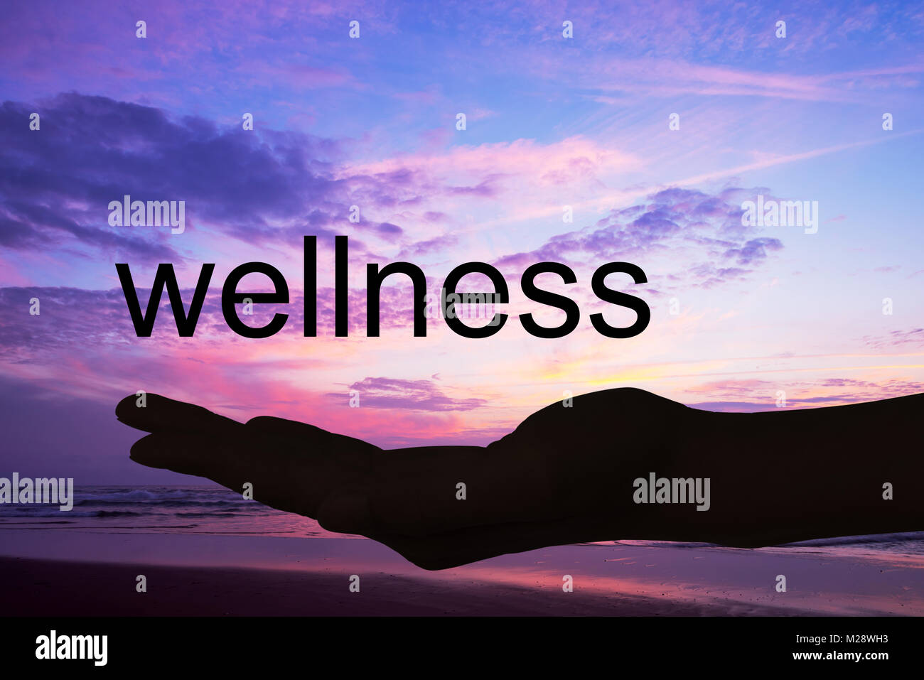 Hand offering the word wellness, sunset background Stock Photo