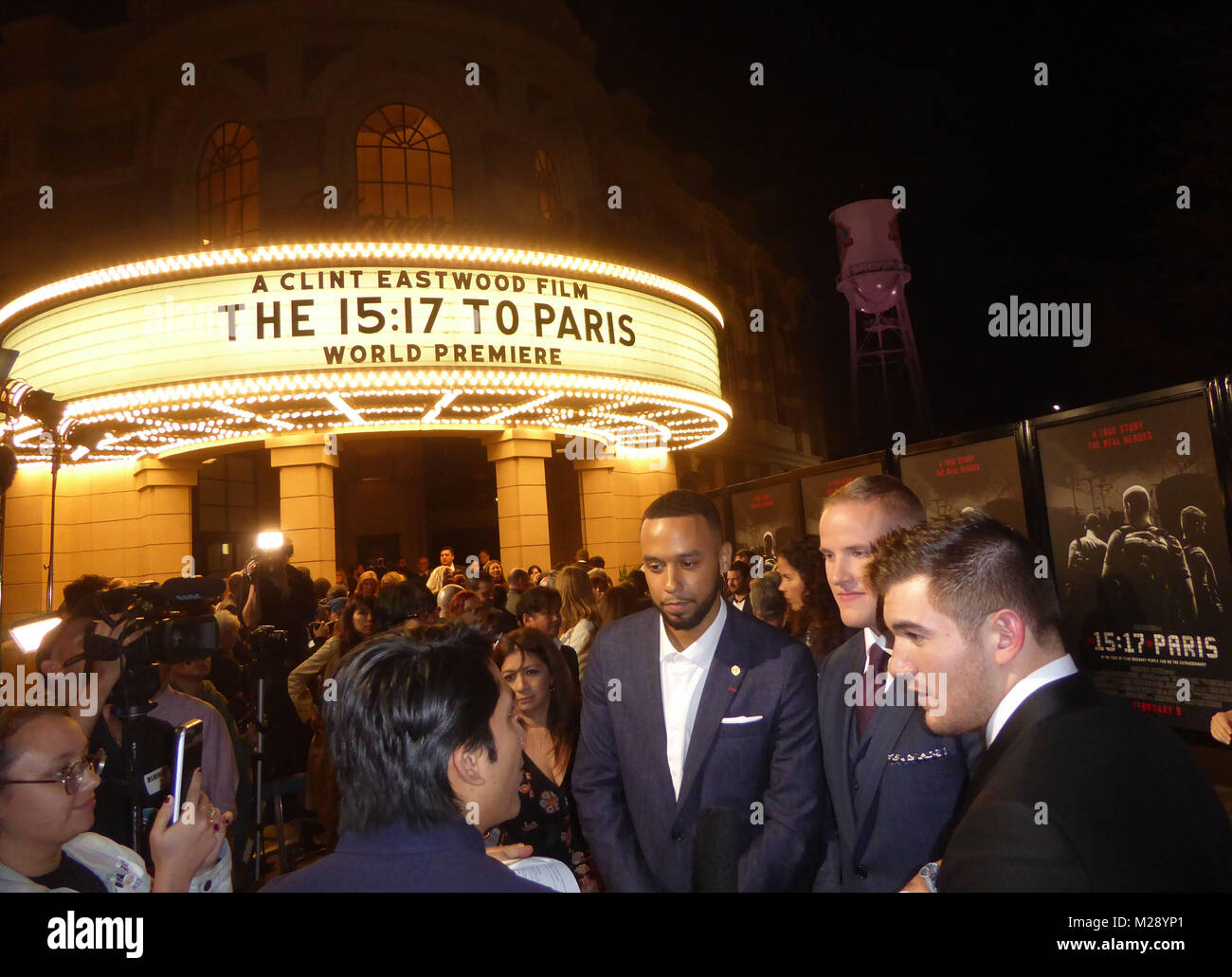 Burbank Ca February 5 L R Real Life Heros Cast Anthony Sadler Spencer Stone Nd Alek Skarlotos Attend The World Premiere Of The 15 17 To Paris At Warner Bros Studios Sjr Theater On