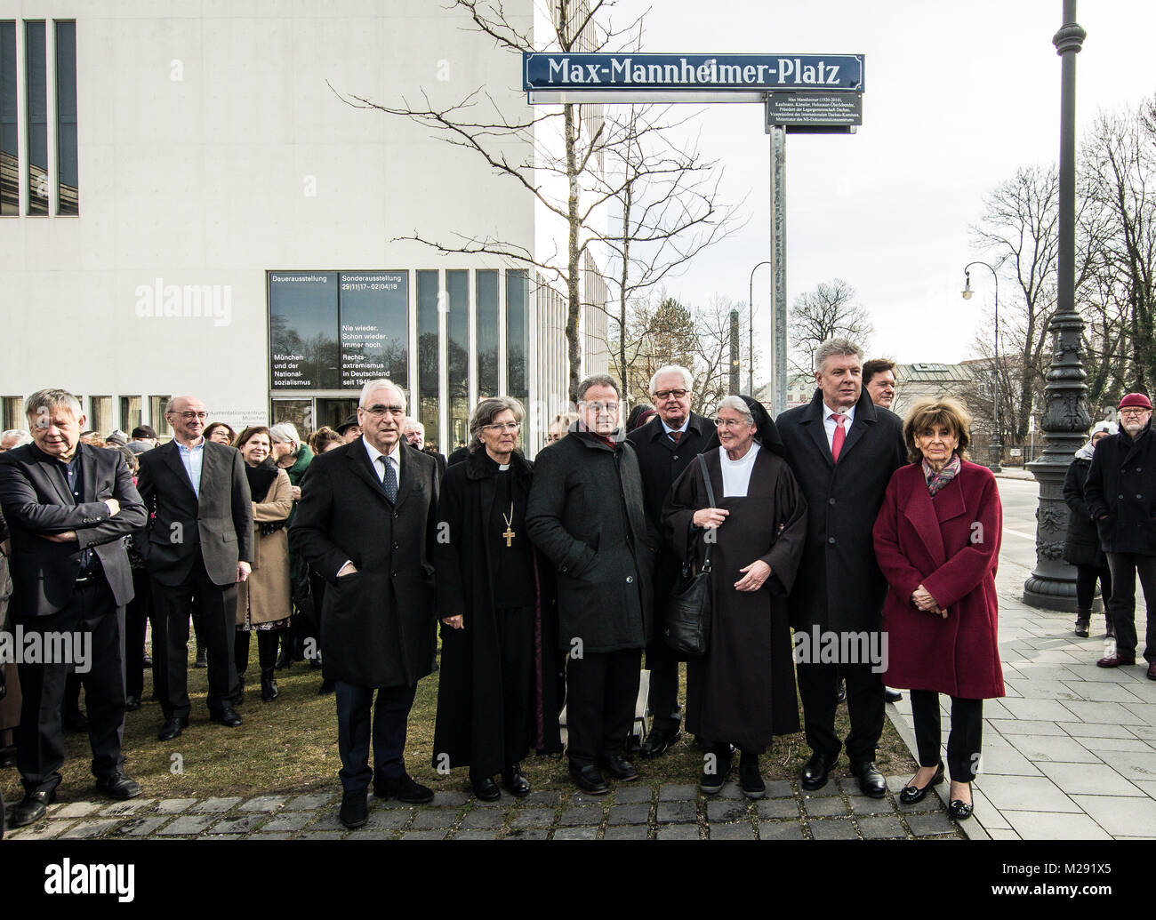 Munich, Bavaria, Germany. 6th Feb, 2018. R-L Charlotte Knoblauch, Dieter Reiter, Sister Elija Bossler, Ernst Mannheimer. The City of Munich, Germany dedicated the plaza adjacent to the National Socialism Documentation Center (NS-Dokumentationszentrum) building to Holocaust survivor Max Mannheimer. Mannheimer was an author, painter, and prolific speaker about the experience. He and his brother were the only family members to survive. a Credit: ZUMA Press, Inc./Alamy Live News Stock Photo