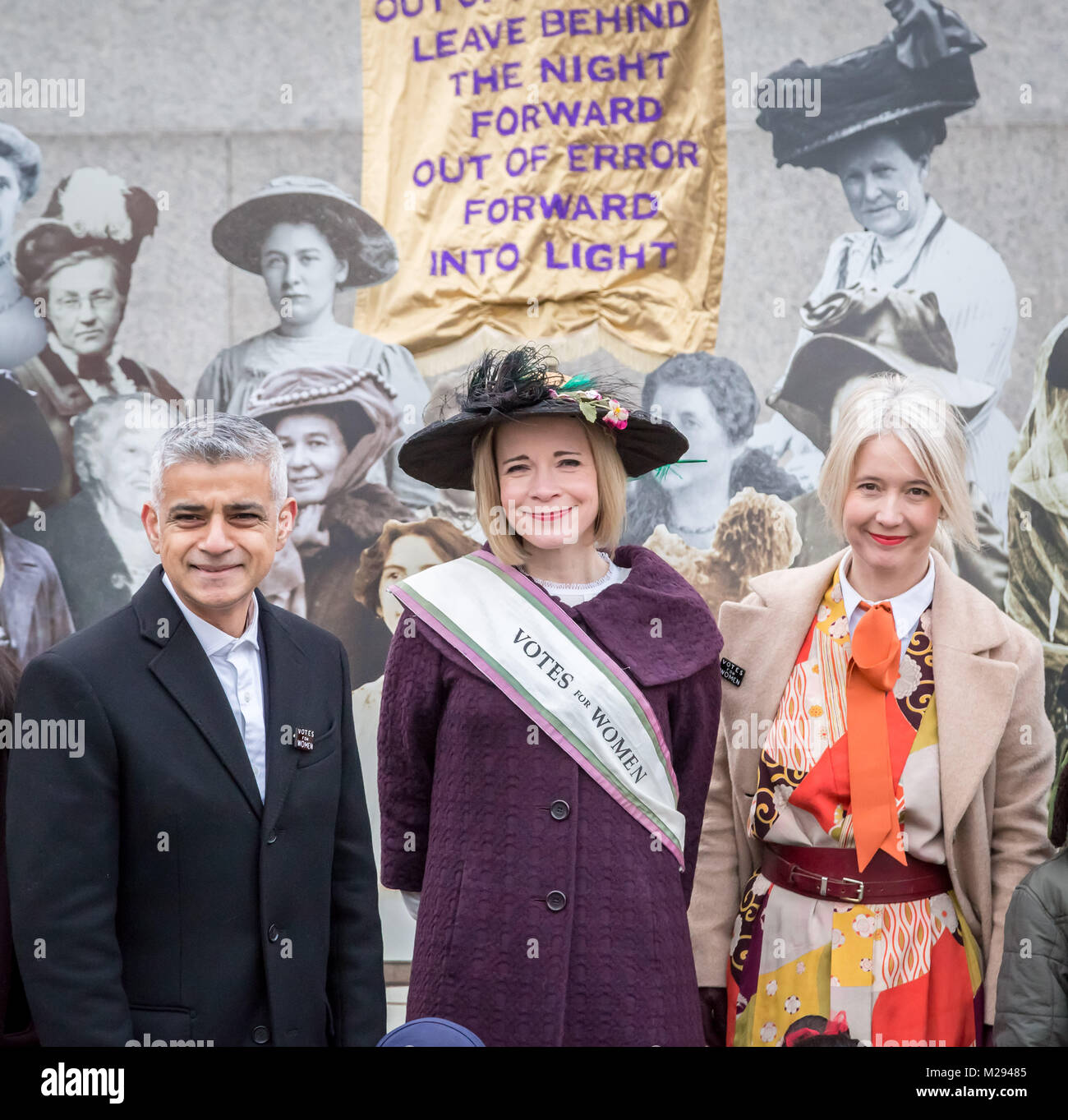 London, UK. 6th Feb, 2018. The Mayor of London including historian Lucy Worsley hosts a symbolic exhibition in Trafalgar Square marking 100 years since the 1918 Representation of the People Act was passed - a landmark victory which gave the first women the right to vote. Credit: Guy Corbishley/Alamy Live News Stock Photo