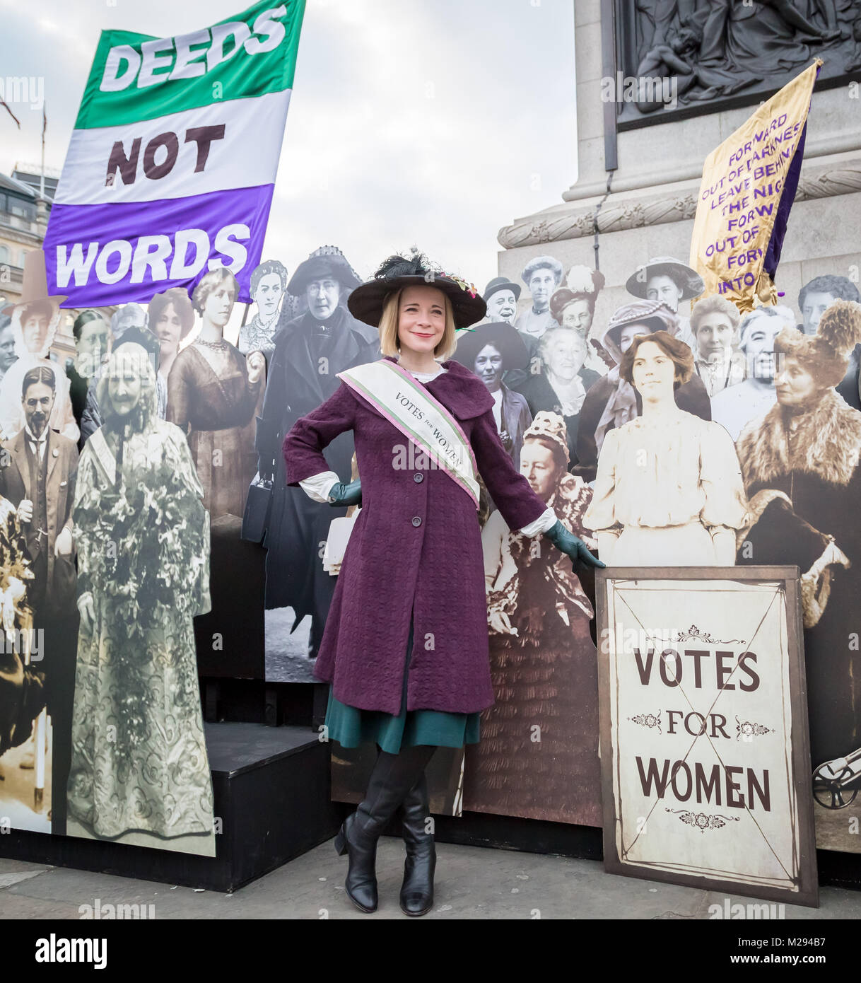 London, UK. 6th Feb, 2018. The Mayor of London including historian Lucy Worsley (pictured) hosts a symbolic exhibition in Trafalgar Square marking 100 years since the 1918 Representation of the People Act was passed - a landmark victory which gave the first women the right to vote. Credit: Guy Corbishley/Alamy Live News Stock Photo
