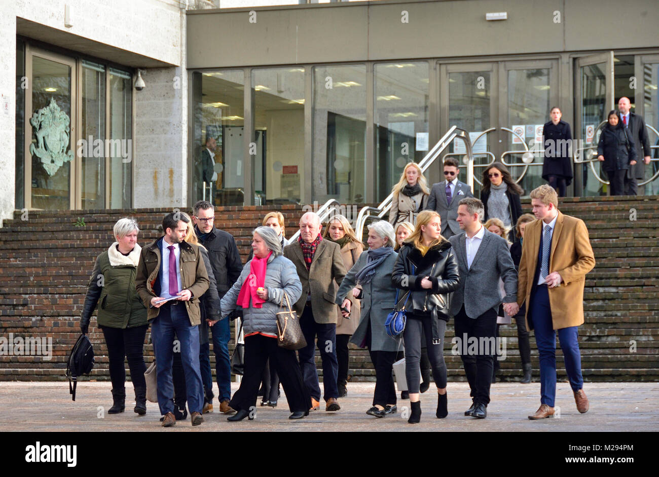 Maidstone, UK. 6th Feb. The family of 23 year old Molly McLaren leave Maidstone Crown Court and make a statement after seeing her ex-boyfriend Joshua Stimson (26) sentenced to life in prison with a minimum of 26 years for her murder in Chatham in June 2017. Credit: PjrFoto/Alamy Live News Stock Photo