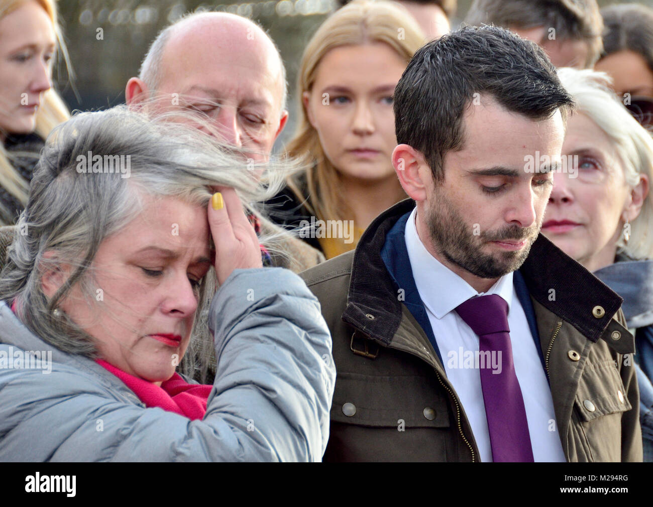 Maidstone, UK. 6th Feb. The family of 23 year old Molly McLaren leave Maidstone Crown Court and make a statement after seeing her ex-boyfriend Joshua Stimson (26) sentenced to life in prison with a minimum of 26 years for her murder in Chatham in June 2017. Her mother, Joanne McLaren, and Sergeant Ali Walton reading out the statement. Credit: PjrFoto/Alamy Live News Stock Photo
