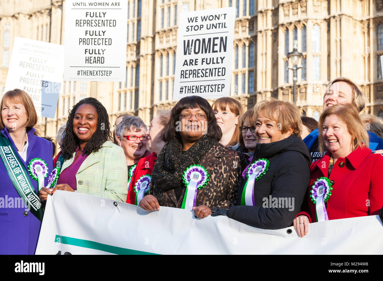 Westminster, London, UK. 6th Feb 2018. Labour's female MPs and peers, including, Dame Margaret Beckett, Diane Abbott, Dame Margaret Hodge, Dawn Butler, Angela Eagle and many others celebrate the centenary of women's suffrage and 100 years of women voting in front of the Houses of Parliament. Credit: Imageplotter News and Sports/Alamy Live News Stock Photo