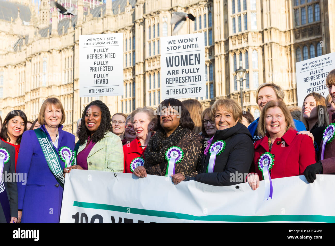 Westminster, London, UK. 6th Feb 2018. Labour's female MPs and peers, including, Dame Margaret Beckett, Diane Abbott, Dame Margaret Hodge, Dawn Butler, Angela Eagle and many others celebrate the centenary of women's suffrage and 100 years of women voting in front of the Houses of Parliament. Credit: Imageplotter News and Sports/Alamy Live News Stock Photo