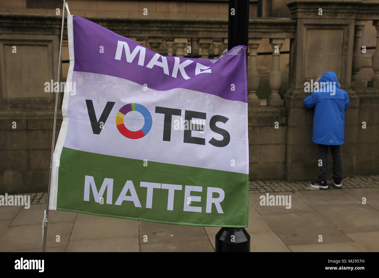 Sheffield, South Yorkshire, UK. 6th February 2018. Members of the Hungry4Democracy group outside Sheffield Town Hall, demand a system of proportional representation Credit: Alamy Live News Stock Photo