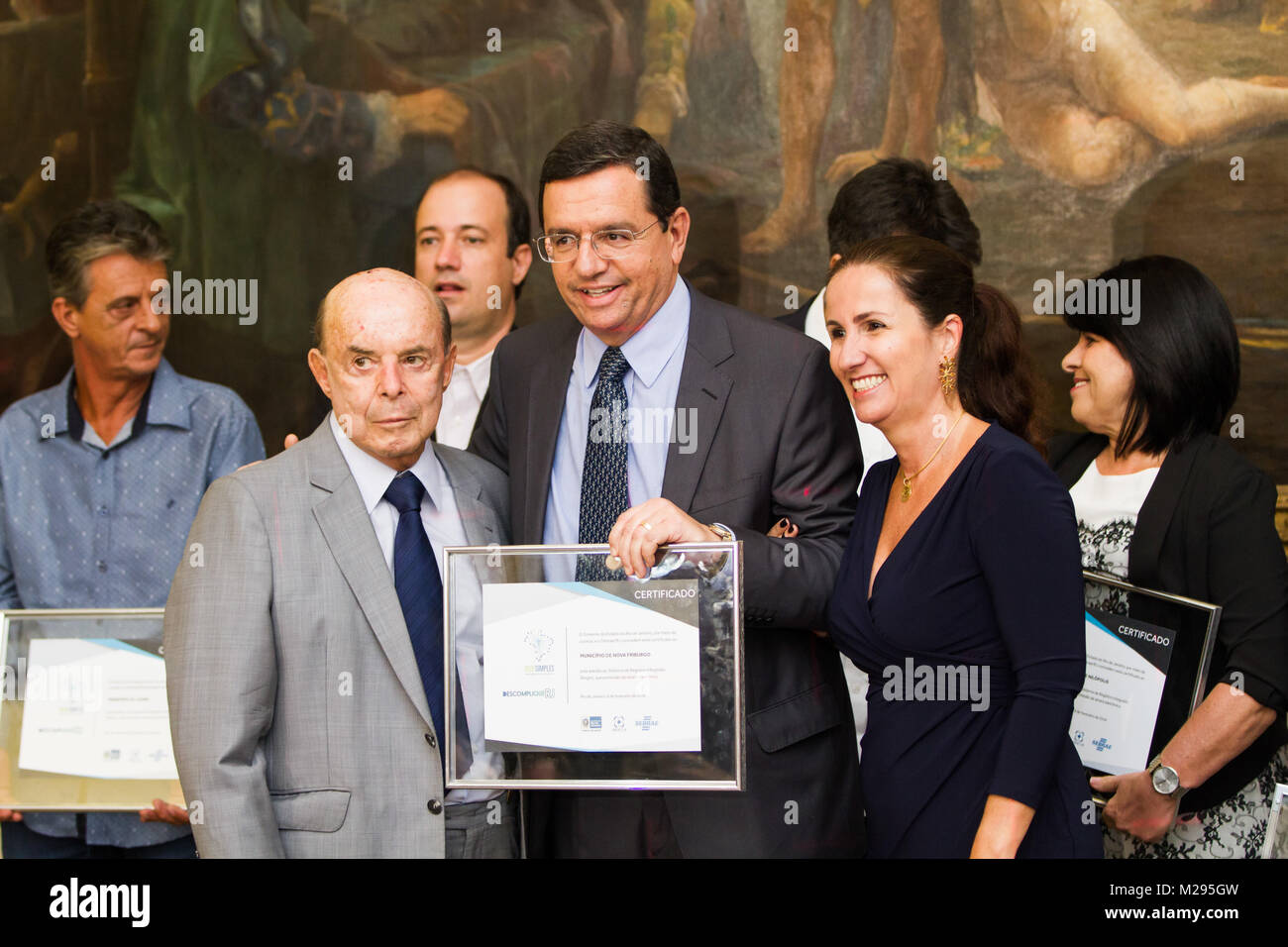 Rio De Janeiro, Brazil. 06th Feb, 2018. Renato Bravo, mayor of Nova Friburgo receiving a certificate from Deputy Governor Dornelles during the ceremony of delivery of the certificates of adhesion to the system of issuance of electronic license to 38 prefectures, the event will take place this Tuesday (06/02/2018) in the Hall Noble of the Guanabara Palace in Laranjeiras, Rio de Janeiro, RJ and attended by the governor of Rio, Luiz Fernando Pezão, participates in the event. Credit: Rodrigo Chadí/FotoArena/Alamy Live News Stock Photo