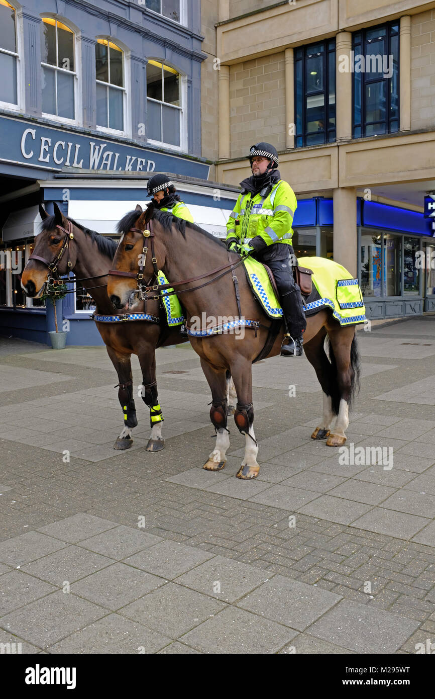 Weston-super-Mare, UK. 6th February, 2018. Mounted police officers on patrol in the town centre. Avon and Somerset Constabulary’s Mounted Section has twelve horses and is based at Bower Ashton on the outskirts of Bristol. Keith Ramsey/Alamy Live News Stock Photo