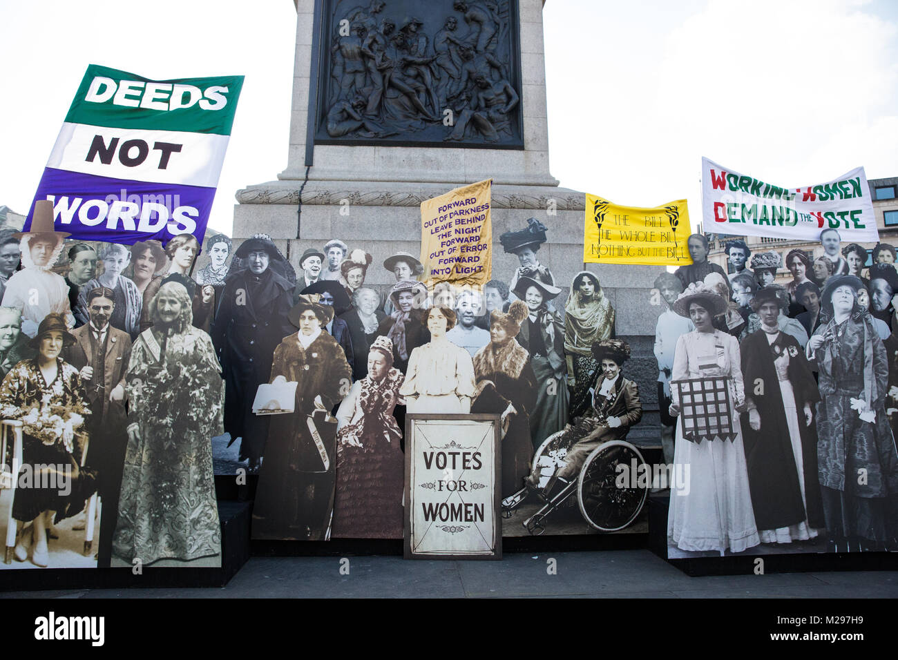 London, UK. 6th February, 2018. A pop-up exhibition in Trafalgar Square to mark the centenary of women's suffrage. The Representation of the People Act was passed on 6th February 1918 and gave women aged over 30 and 'of property' the right to vote. Credit: Mark Kerrison/Alamy Live News Stock Photo