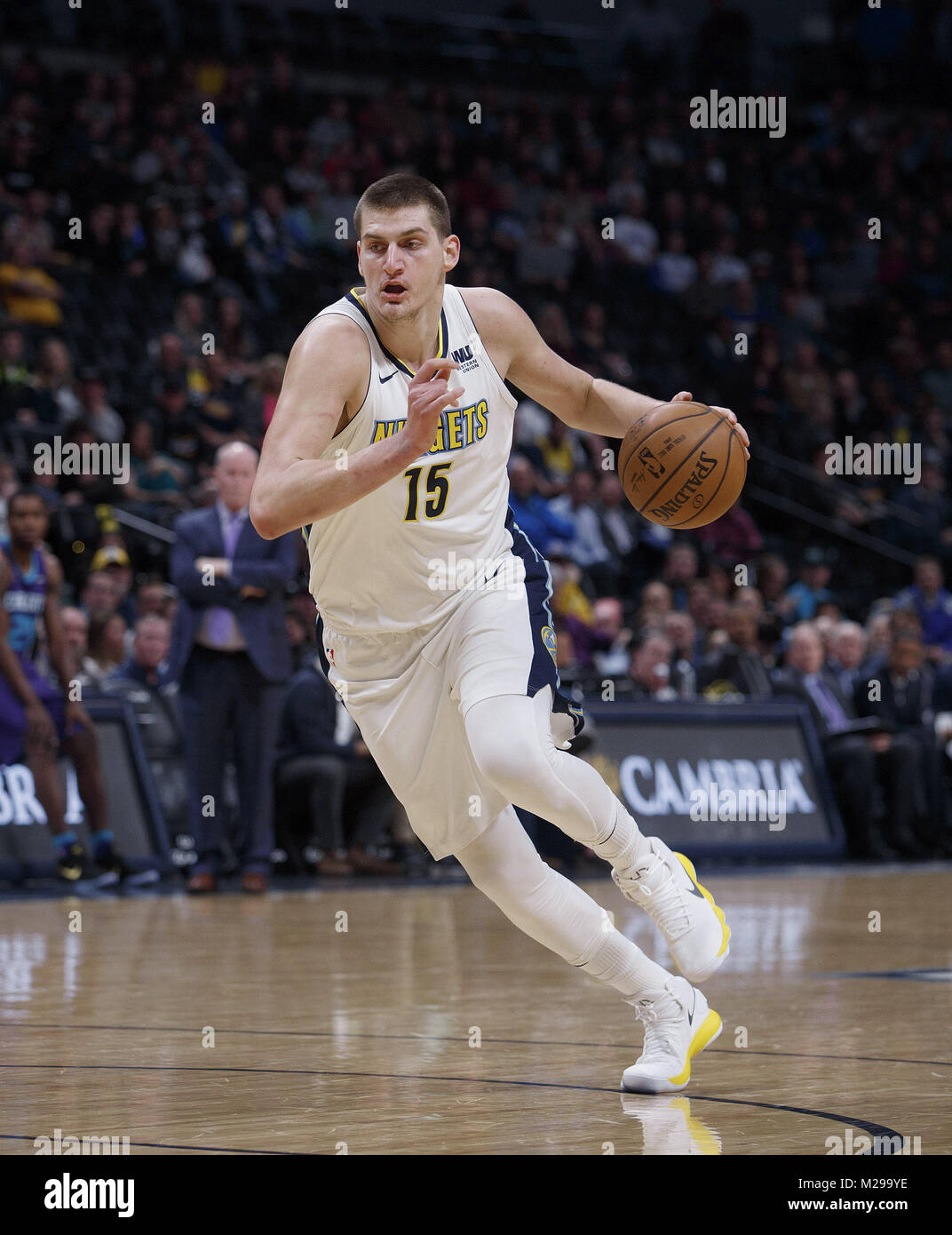 Denver, Colorado, USA. 5th Feb, 2018. Nuggets NIKOLA JOKIC drives to the basket on a break away during the 1st. Half at the Pepsi Center Monday night. The Nuggets beat the Hornets 121-104. Credit: Hector Acevedo/ZUMA Wire/Alamy Live News Stock Photo