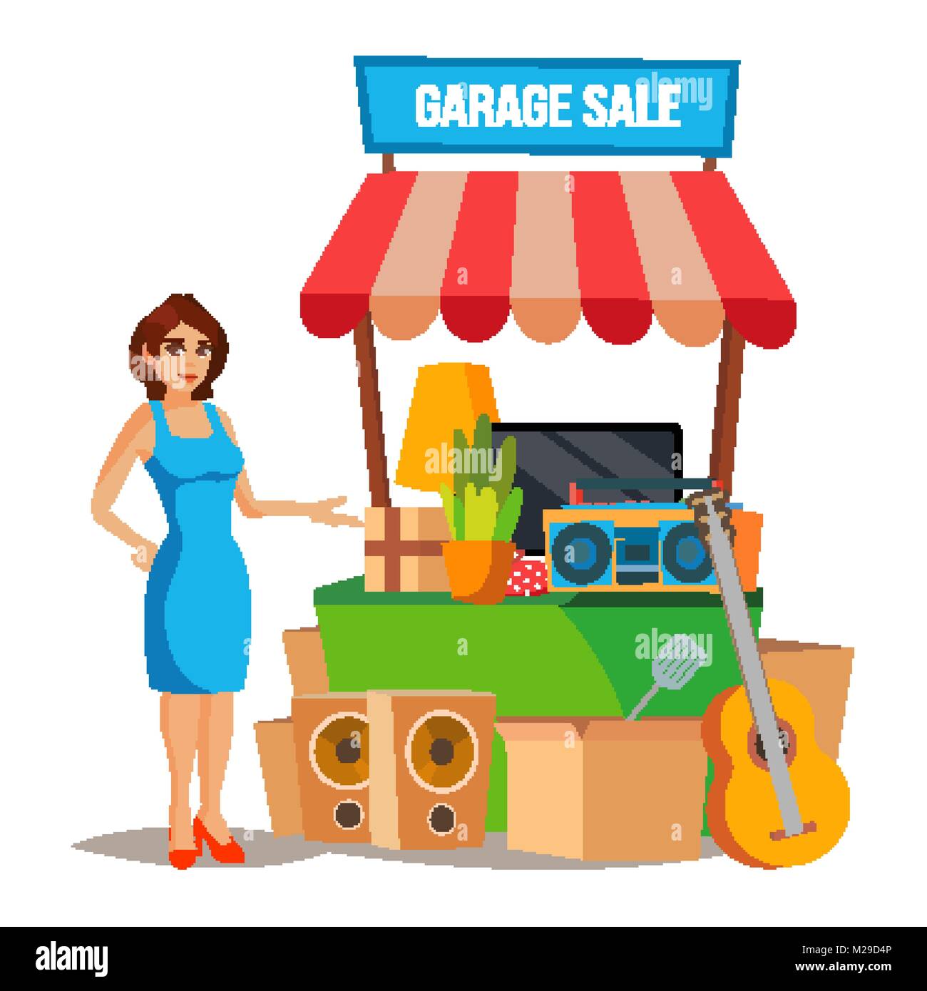 https://c8.alamy.com/comp/M29D4P/yard-sale-vector-household-items-sale-woman-manning-a-garage-sale-M29D4P.jpg